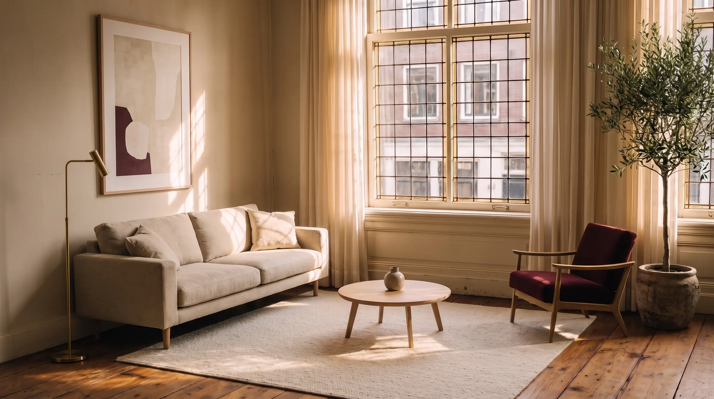 The same room finished, with a linen sofa, a wine-red armchair and an olive tree