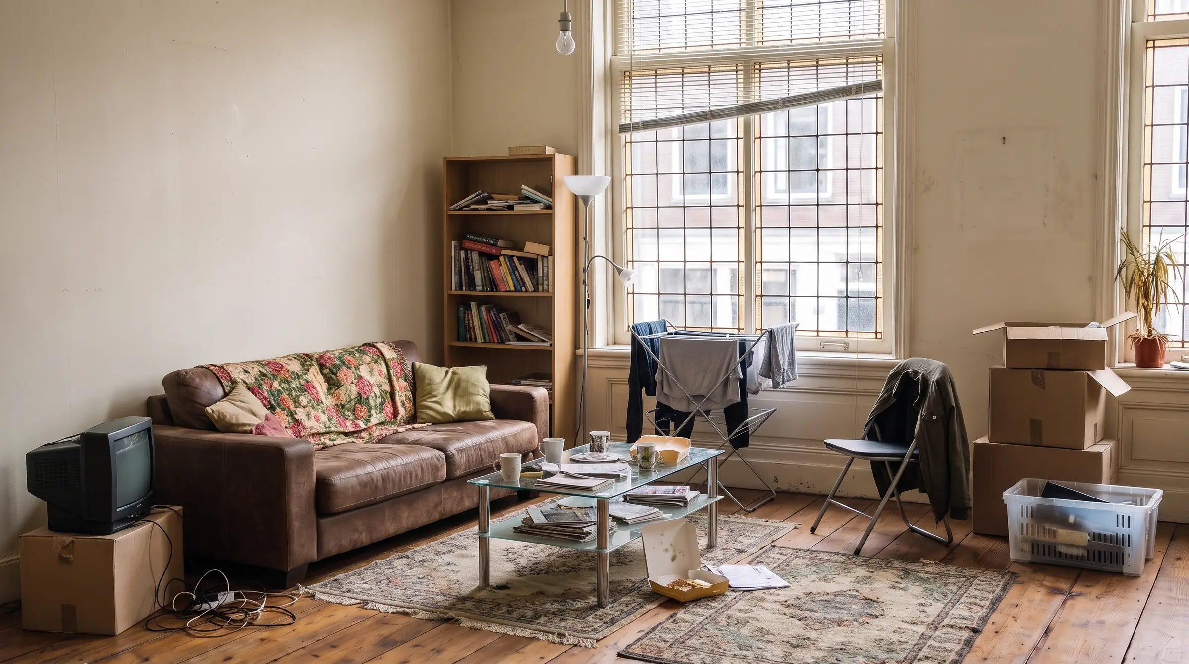 A cluttered living room with a tired brown sofa, moving boxes and a drying rack