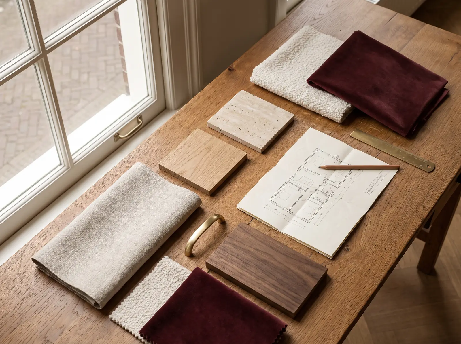 Fabric, wood and stone samples laid out on an oak desk